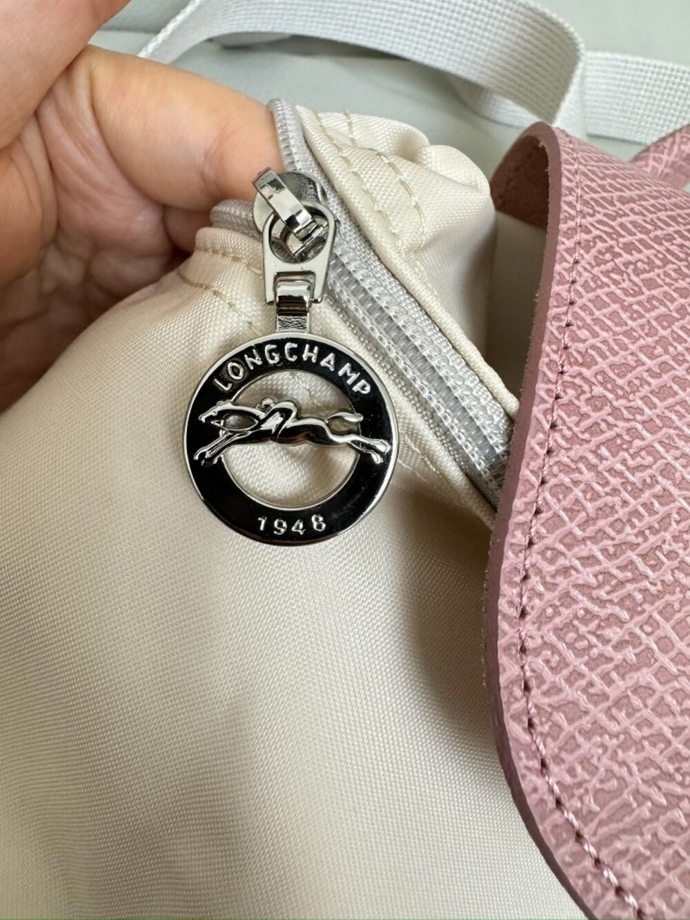 ✨ Longchamp Le Pliage Original Beige & Pink Leather Trim Backpack - Picture 6 of 9